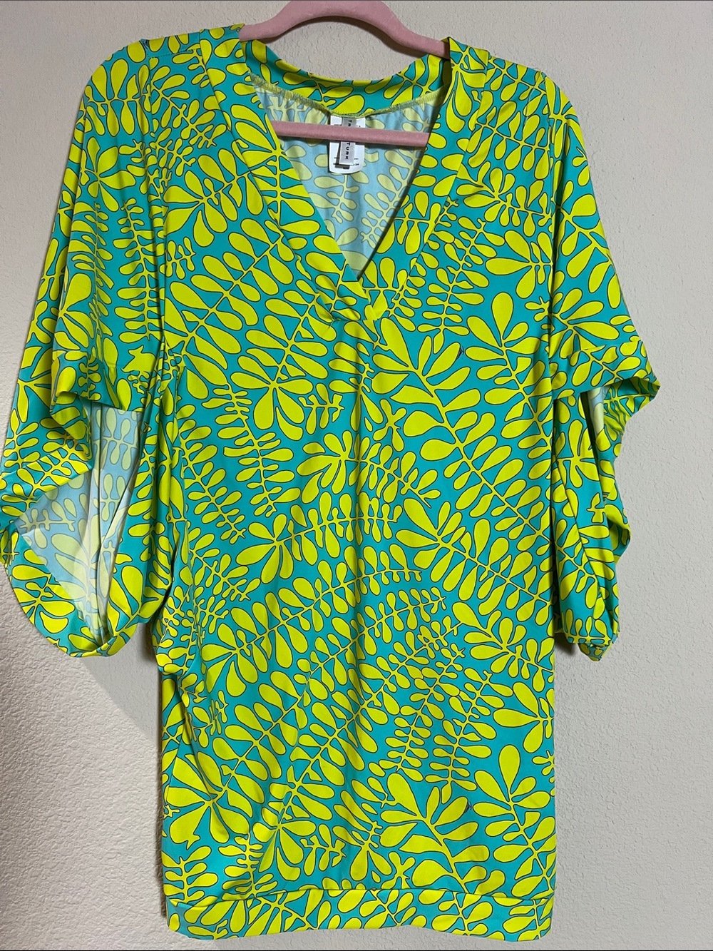 Trina Turk V-Neck Leaf Print Swim Cover in Lime Green & Teal Size M